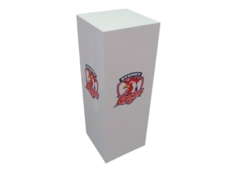 White acrylic plinth, standard size, with profile-cut logo - Displays2Go