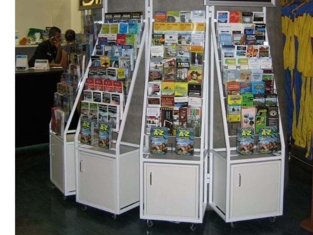 Customised-magazine-and-brochure-stands on castors - Displays2Go