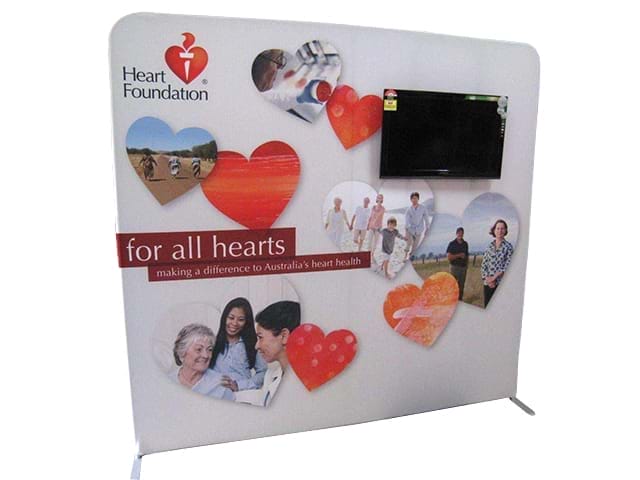Backdrop stand with TV in front. Portable and effective! - Displays2Go